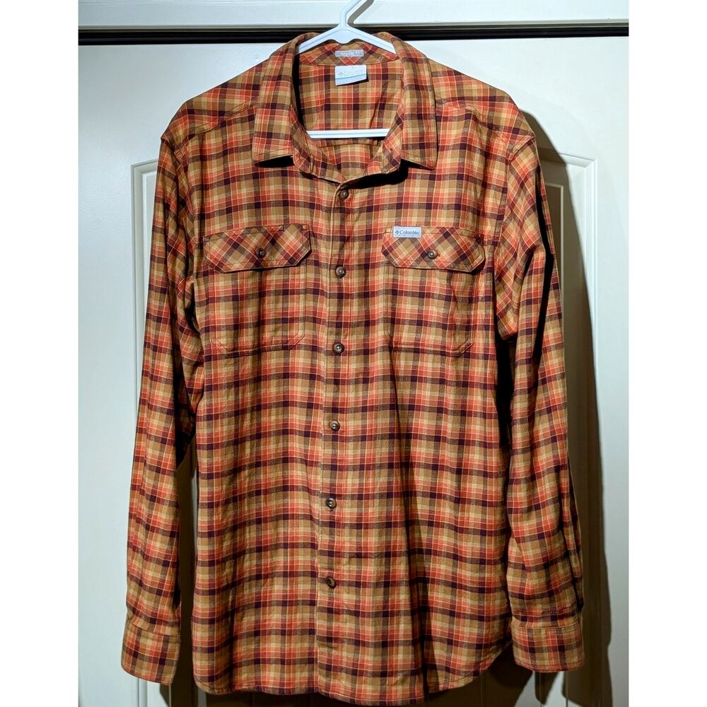 Columbia Orange Plaid Reg Fit Cotton Stretch Flannel Button Up Shirt Mens Sz L